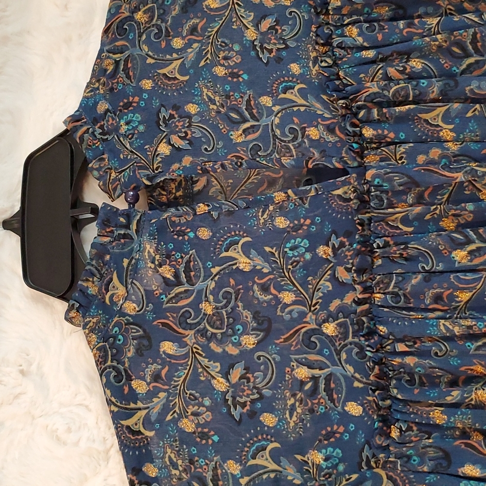 Gilli Blue long sleeve paisley print gold embellishment Med babydoll flirty - Picture 9 of 9